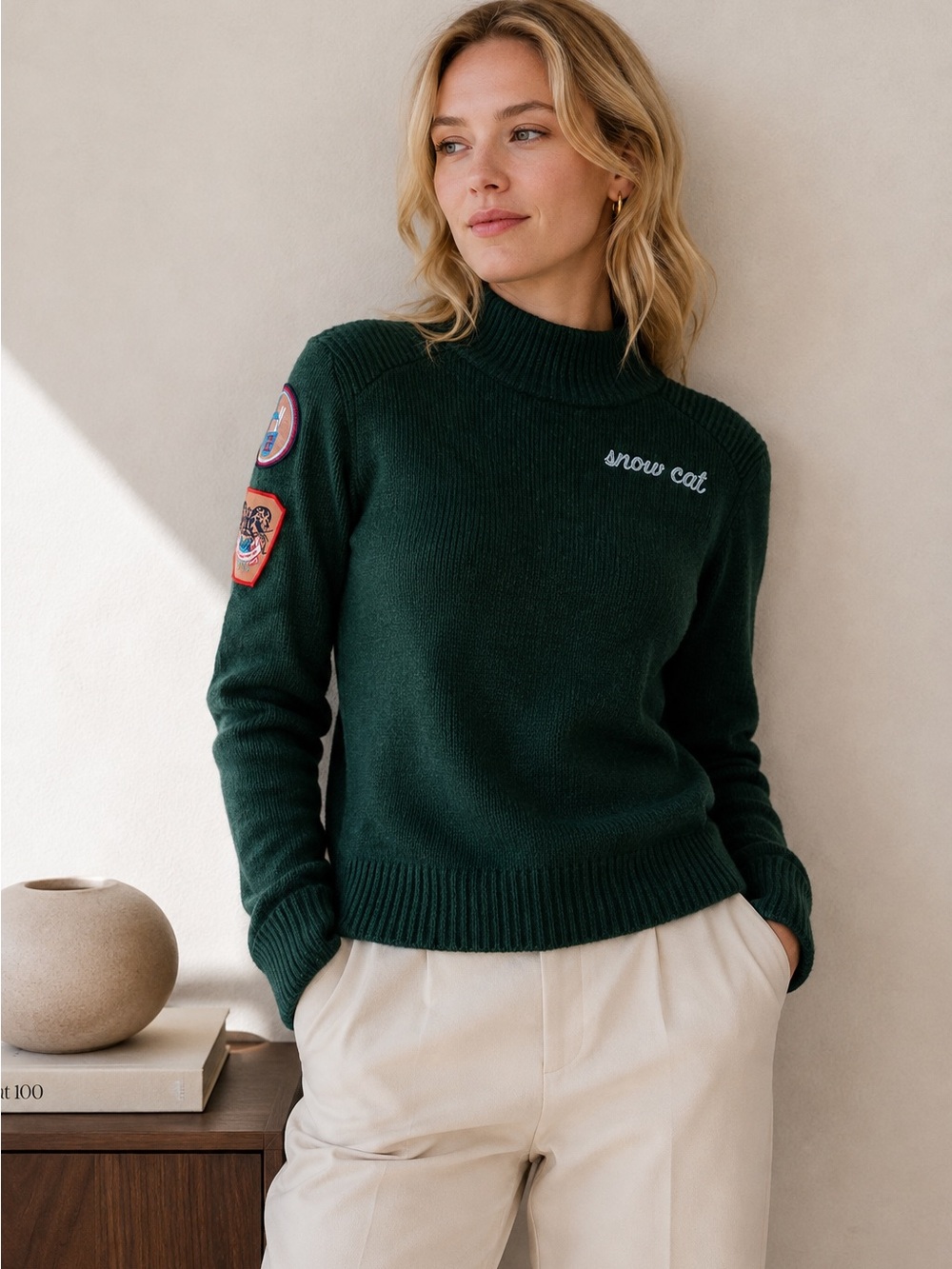 Team Event Snow Cat Merino Wool Ski Sweater Patch Funnel Neck Green Sz Medium